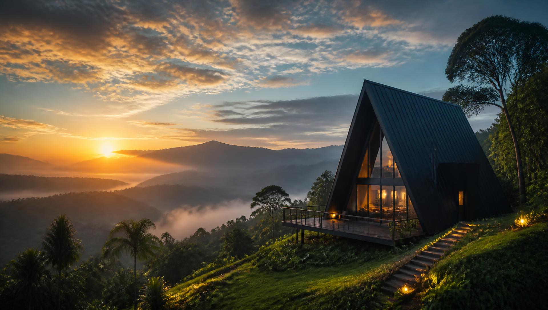 Chalé A-Frame em encosta verde no Brasil ao amanhecer