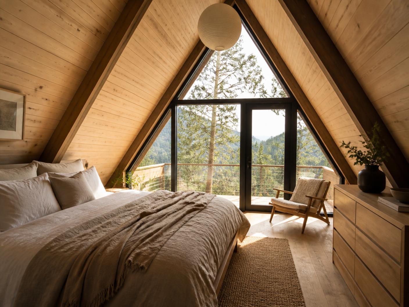 Quarto de chalé A-Frame com janela panorâmica para a mata