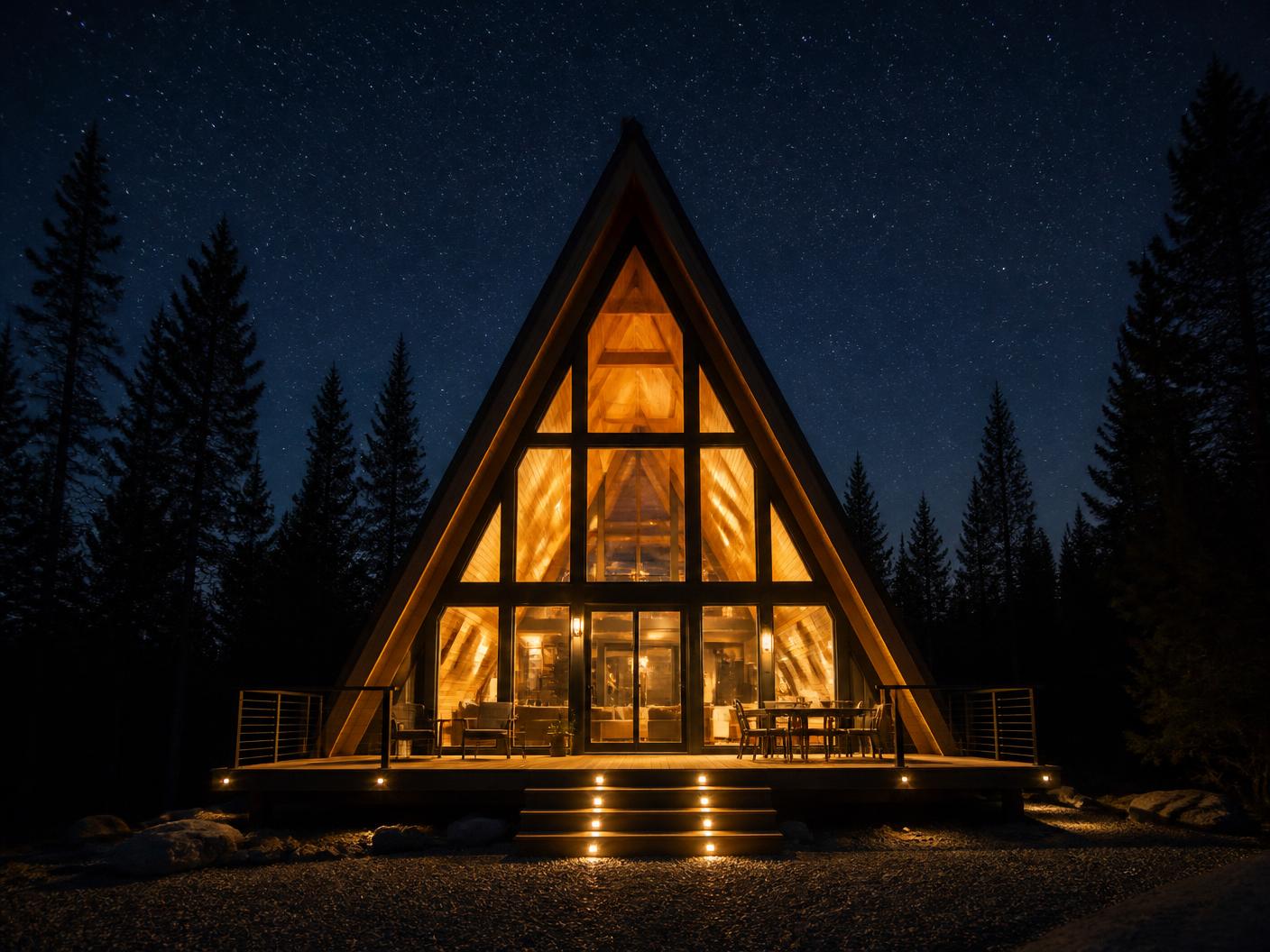 Chalé A-Frame iluminado à noite