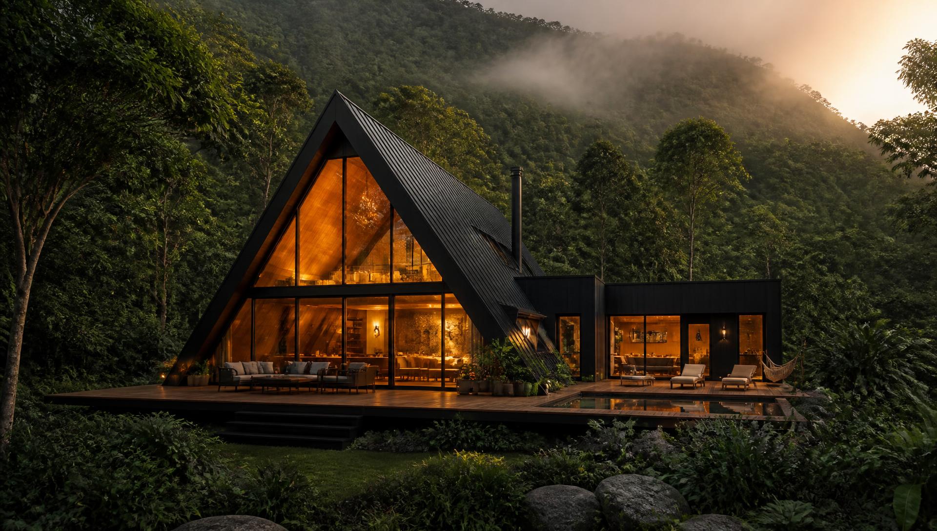 Chalé modular A-Frame premium iluminado em meio à mata brasileira