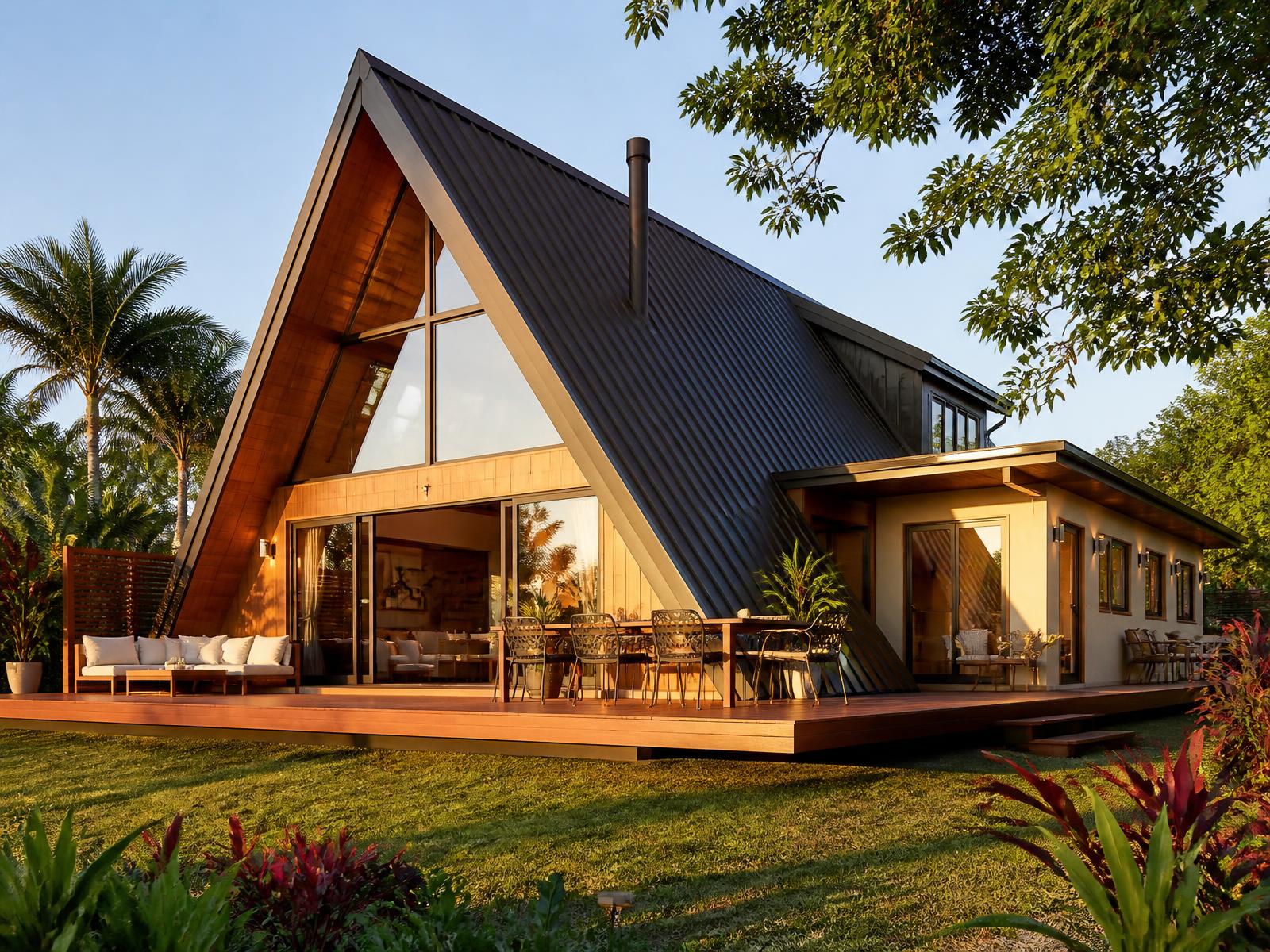 Chalé modular A-Frame Abrigo Chalet 40 com deck amplo ao entardecer