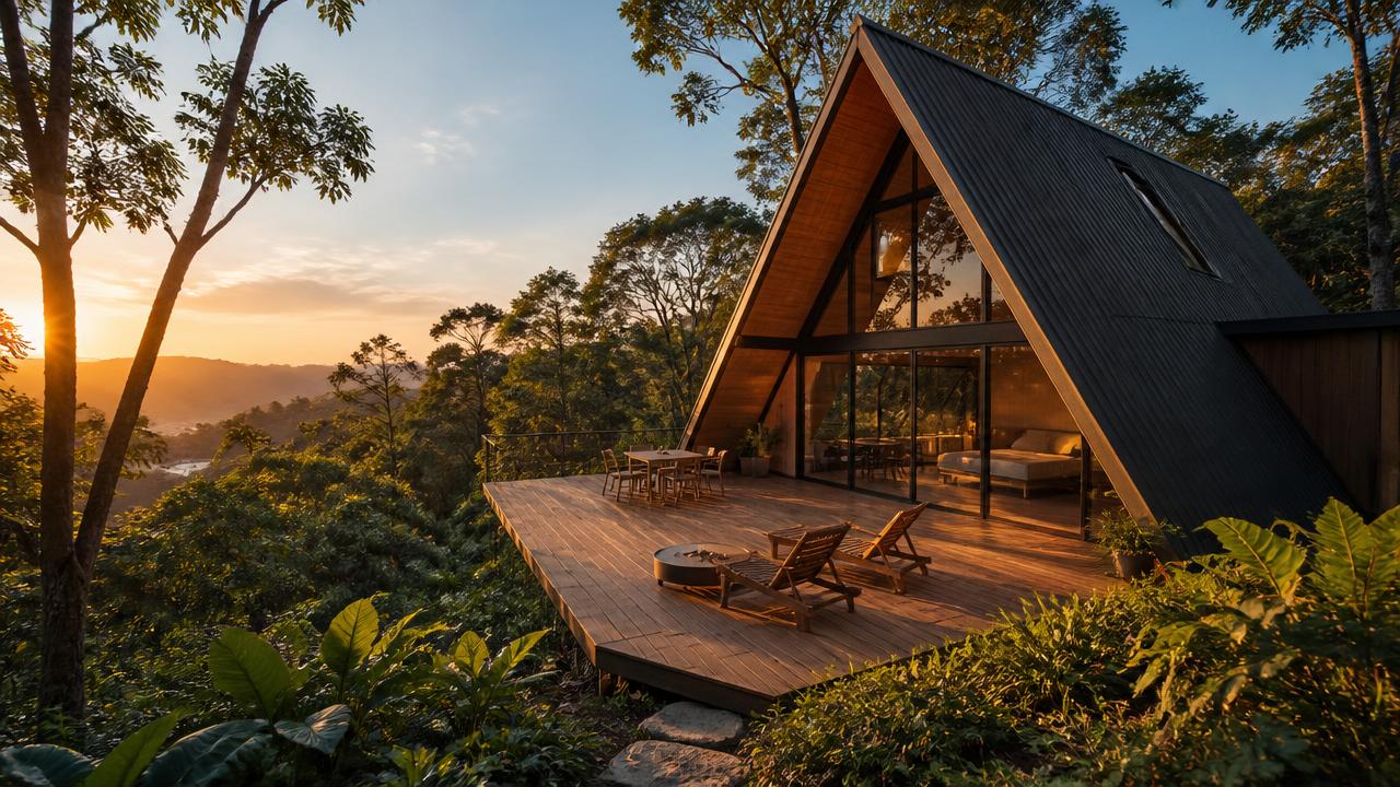 Chalé modular A-Frame Abrigo Chalet 50 com deck espaçoso em meio à natureza