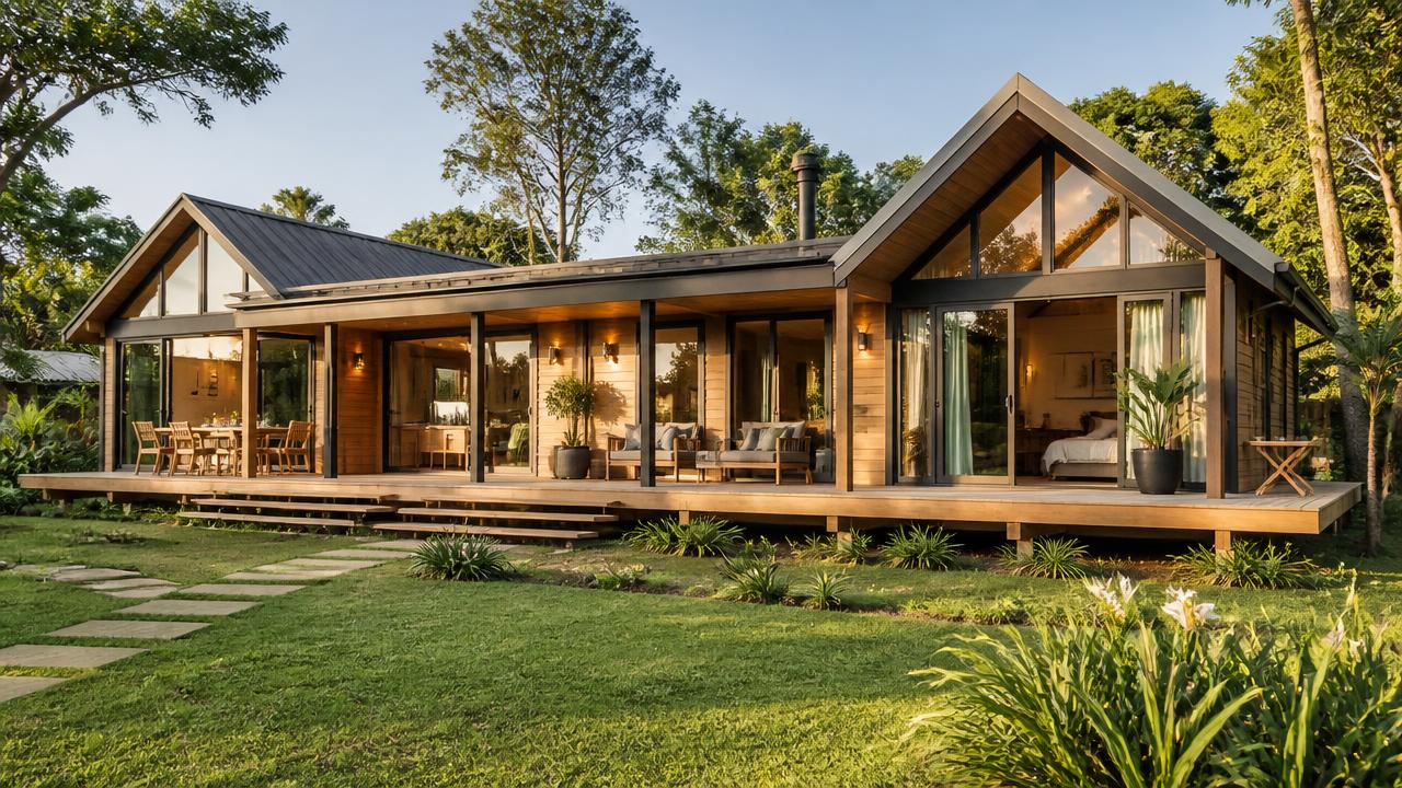 Casa modular Abrigo Family 75 com amplo deck e jardim integrado