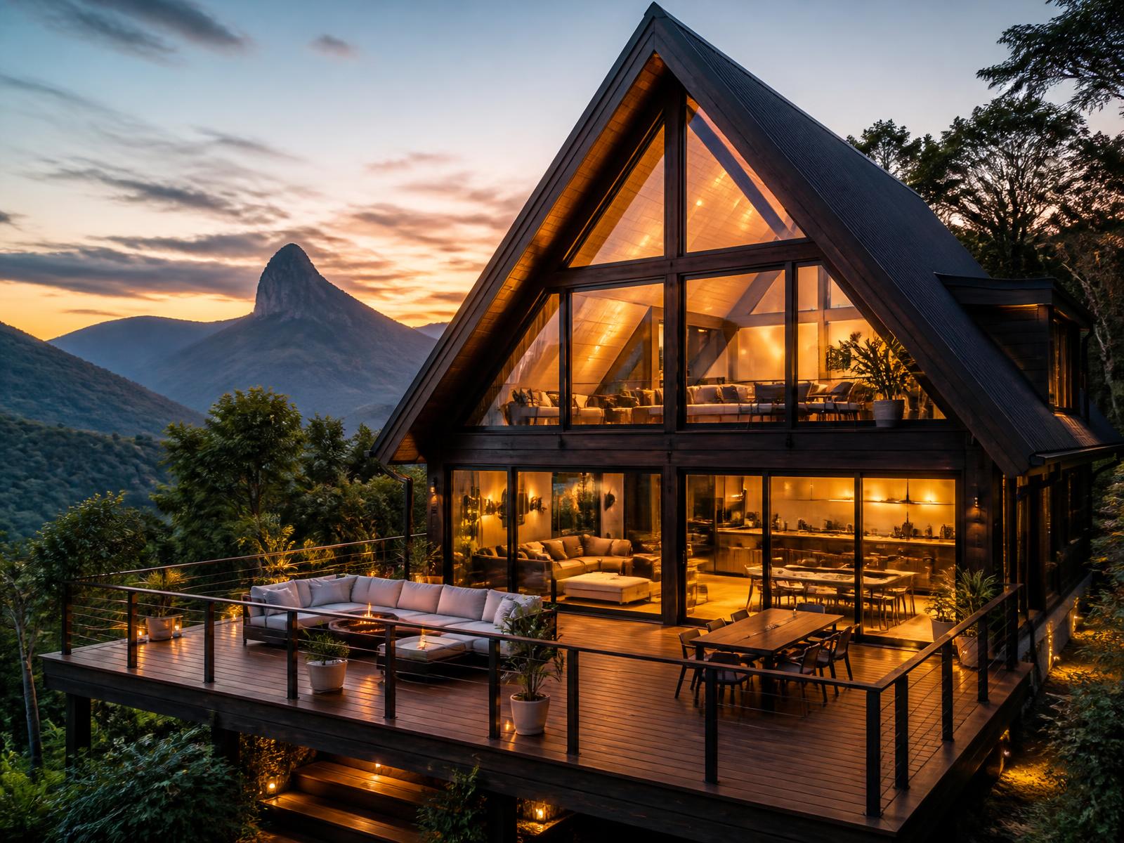 Chalé A-Frame premium com janelas panorâmicas e deck ao pôr do sol
